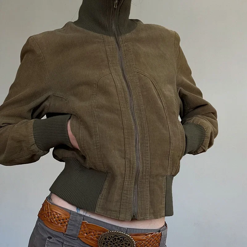 2024 New American Vintage Corduroy Splicing Ribbed Collar Top Street Style Autumn Solid Color Fashion Waist Zipper Jacket