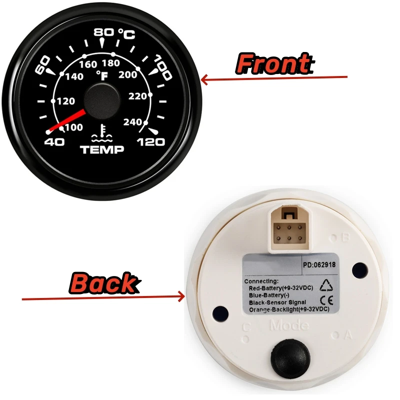 52mm 수온 측정기 40-120 ℃ /100-240 ℉   장치 표시 8가지 백라이트 색상 NPT38 M14X1.5 M16X1.5 수온 센서