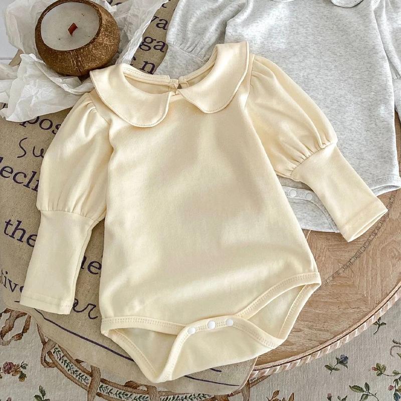 Autumn New Baby Clothing for Girls Fashion Versatile Doll Neck Bubble Long sleeved Sweetheart Solid Color Crawling jumpsuit 3