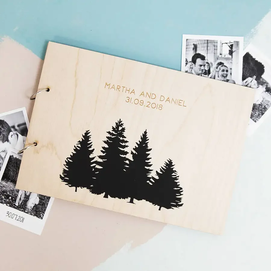 Forest wedding guestbook, Personalised pine trees Wedding Guest Book. Rustic Printed Guest Book. Wooden Book