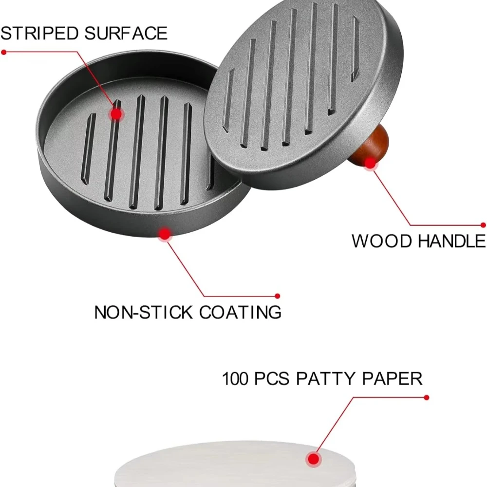 Stainless Steel Burger Patty Press Mold with Wooden Handle, Non-stick, Burger Fast Food Patty Making Molds