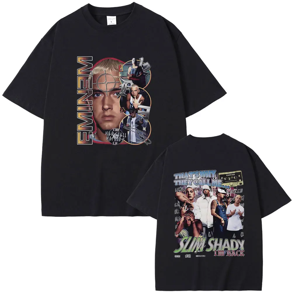 

Rapper Eminem The Slim Shady Double Sided Print T-shirt Male Fashion Hip Hop T Shirts Men's Pure Cotton Oversized Short Sleeve