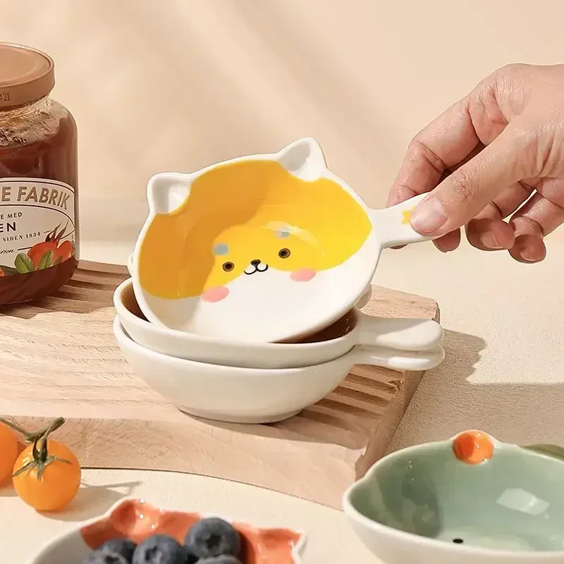 Cute Ceramics Snack Plate Cartoon Animals Saucer Hot Pot Dipping Sauce Dish Handle Dinner Plate Delicate Dessert Snack Plates 3