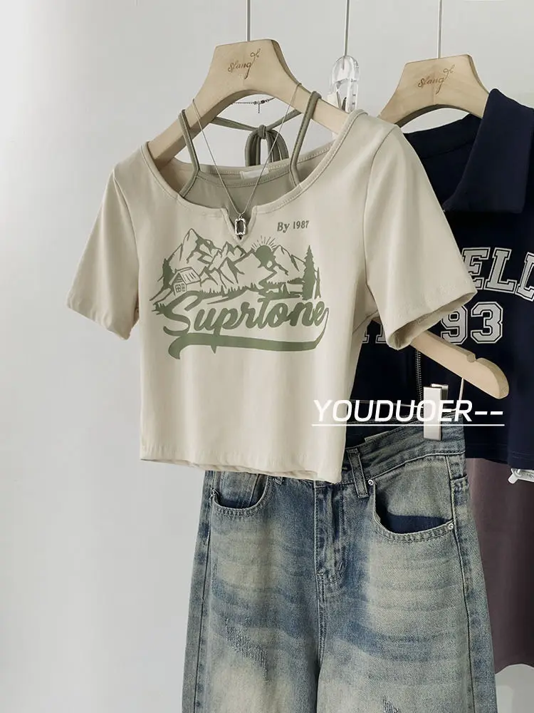 

Fake 2 pcs Vintage T-shirt Women Slim Short Sleeve Crop Tops T Shirts Y2k Streetwear Fashion Clothes Korean Styel Tee Top