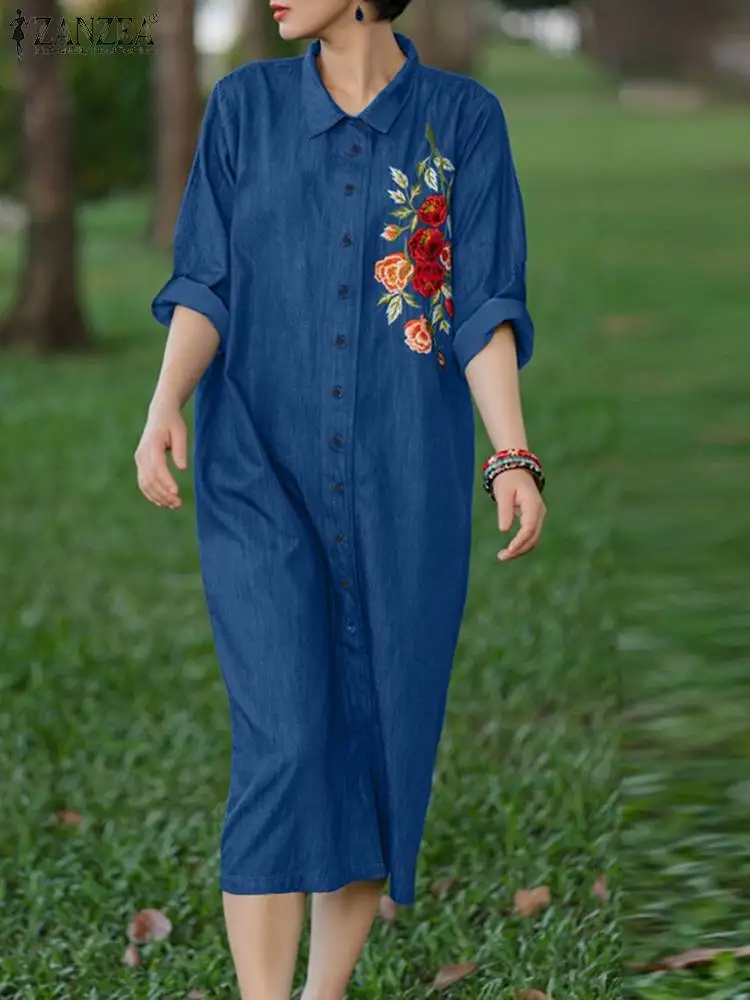 

ZANZEA 2024 Summer Buttons Robe Women Long Shirt Dress Vintage Floral Embroidery Vestidos Casual Loose Long Sleeve Midi Dresses