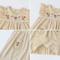 Robe brodée à volants pour filles, robes pour enfants, bord, fibre, dentelle, col rond, poche, vêtements pour enfants, été, ingent 6