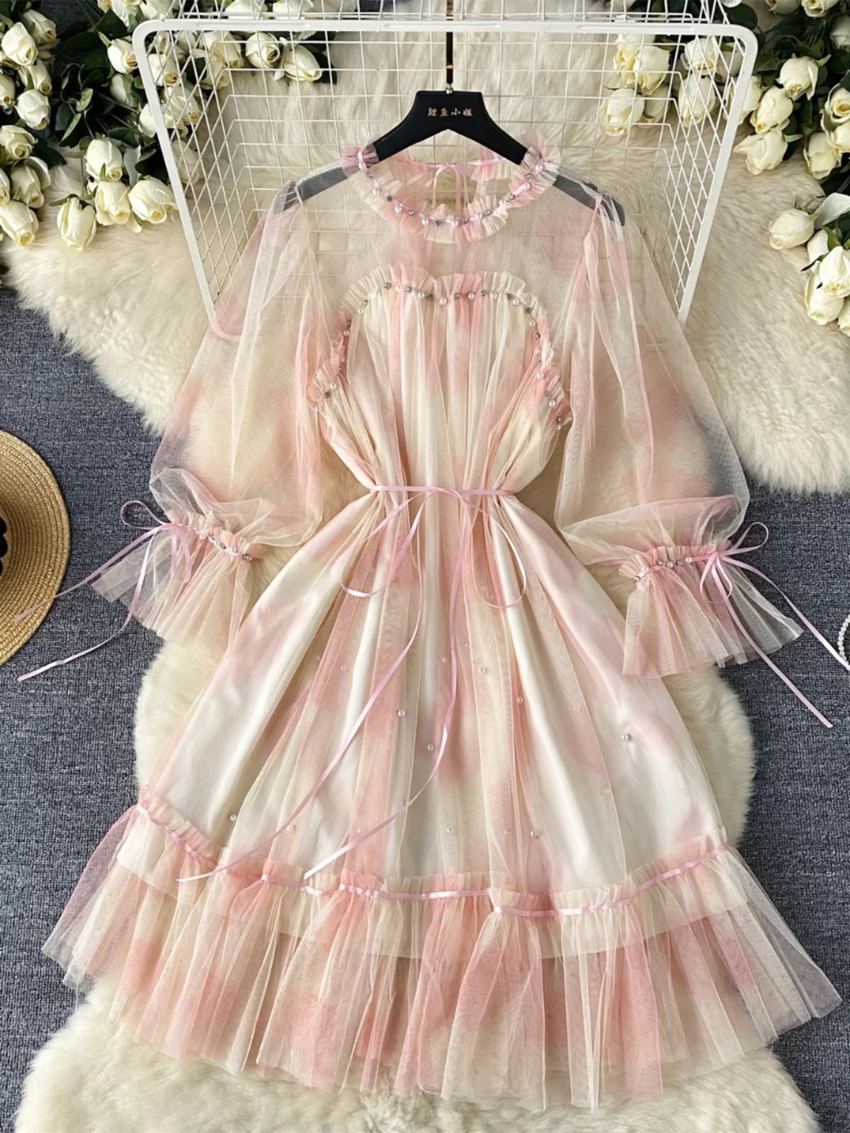 

SsTss Summer Sweet Mesh Fairy Dress Women Fashion Diamond Beading O Neck See Through Long Sleeve Tie Dye Print A Line Midi Dress