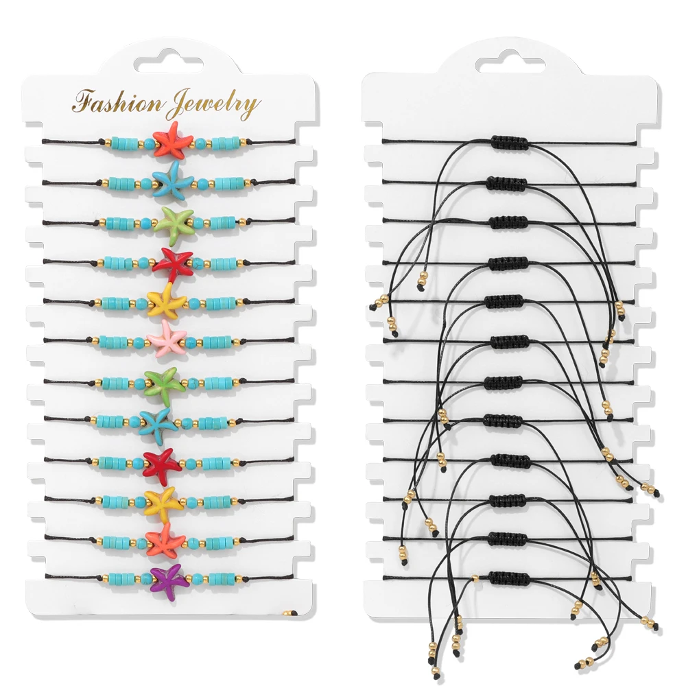 Colorful Natural Stone Adjustable Rope Bracelets - Handmade Bohemian Set with Cards (12 Pieces)
