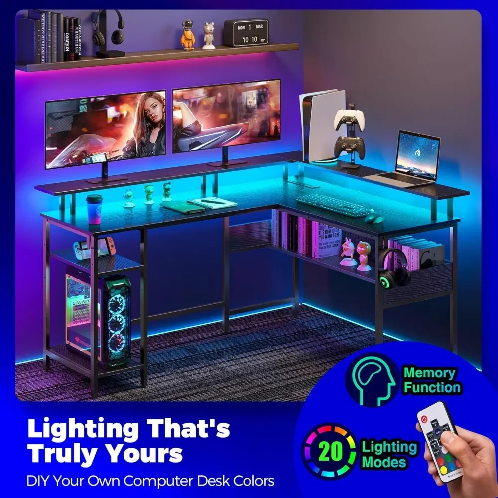 Computer Desk L Shaped 56.7" with LED Lights and Power Outlets, Reversible L Shaped Gaming Desk with Monitor Stand, 3