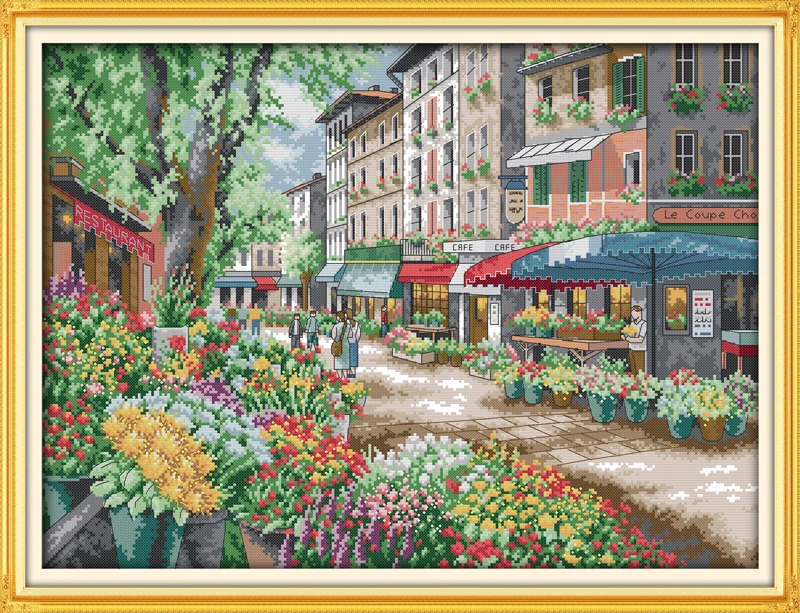 

Joy Sunday Pre-printed Cross Stitch Kit Easy Pattern Aida Stamped Fabric Embroidery Set-Paris Flower Market
