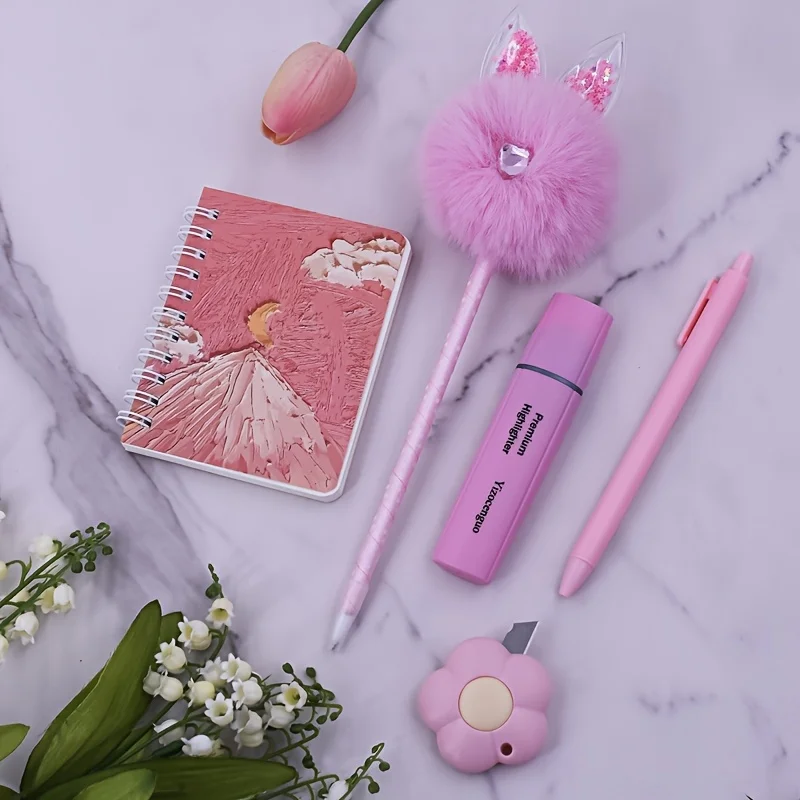 라인 석이있는 5 개의 푹신한 토끼 볼펜 세트 미니 노트북 쉬운 펜 형광펜 미니 포켓 나이프 휴대용