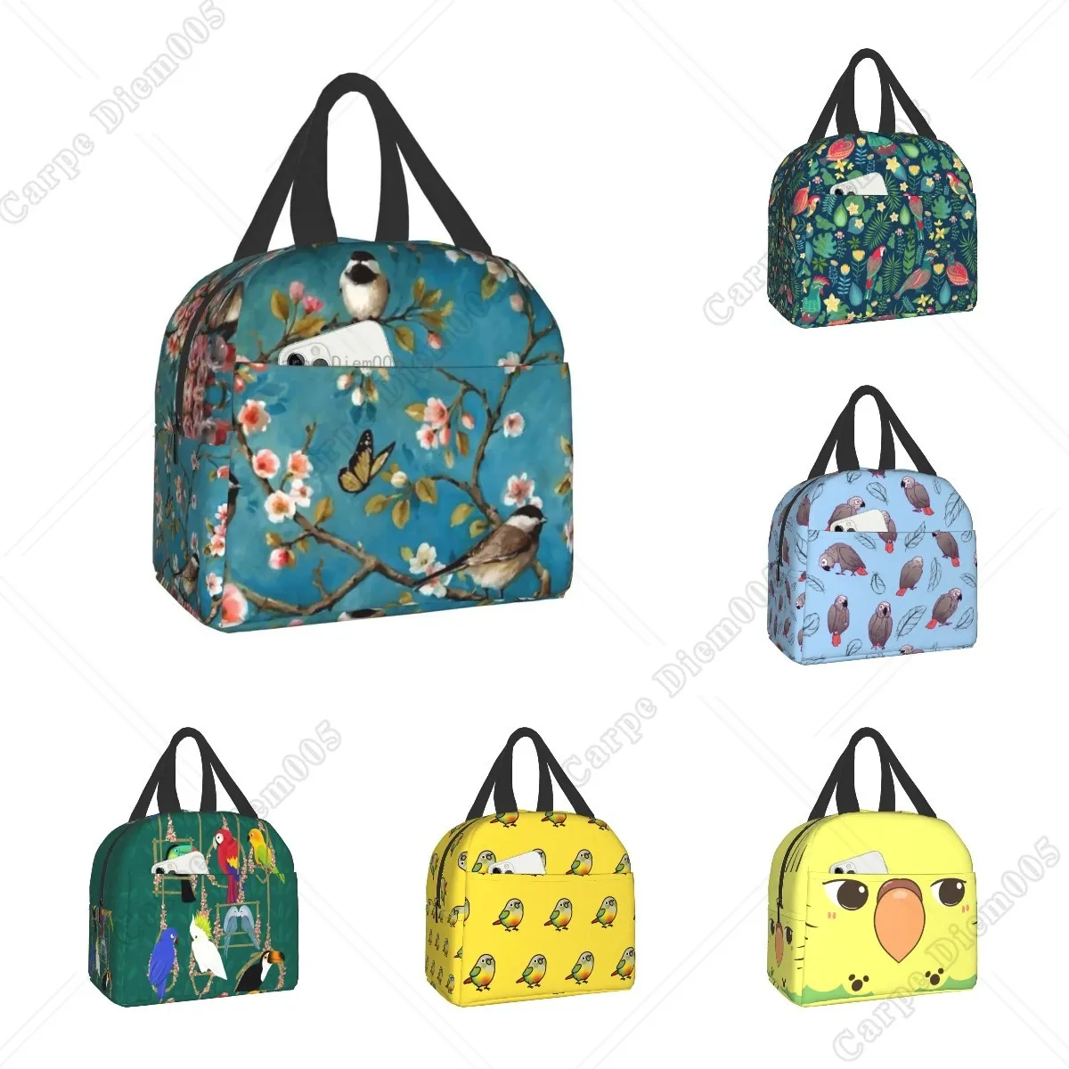 Cute Birds Cherry Blossom Insulated Lunch Bag Waterproof Parrot Bird Thermal Cooler Lunch Box for Women Office Work School