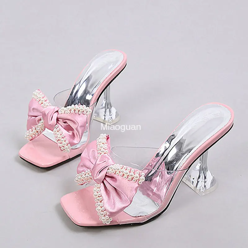 Женские шлепанцы с жемчугом, розовые сандалии на высоком каблуке, прозрачные туфли из ПВХ, летние туфли-лодочки, 2023