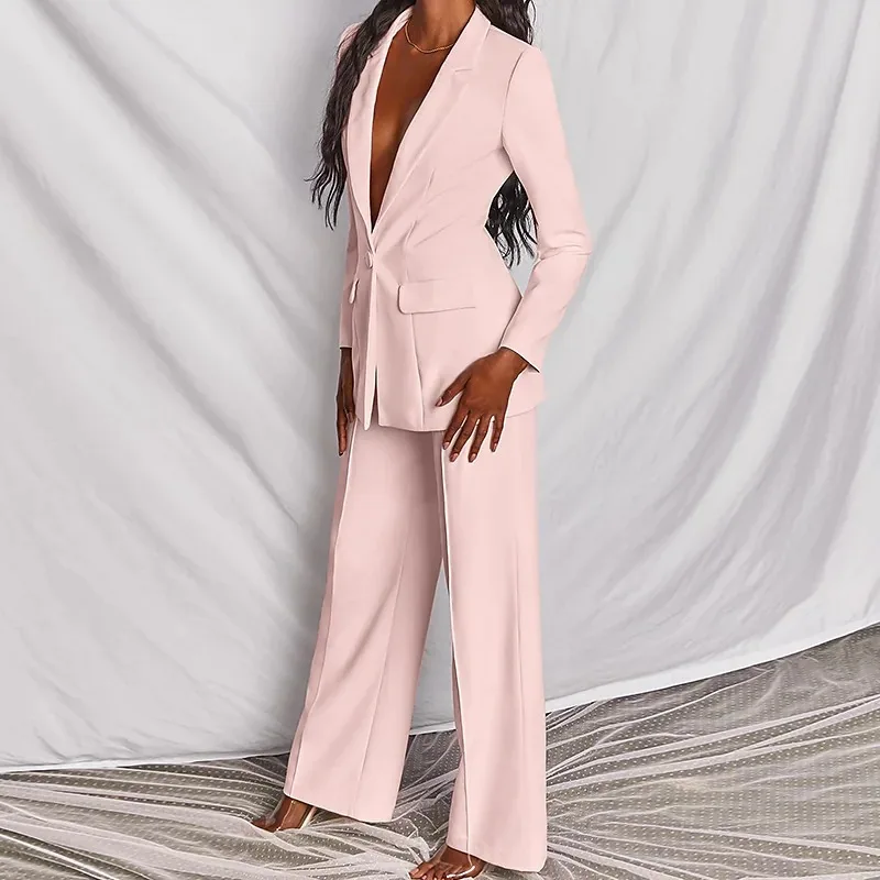 Female Solid Color Business Two Piece Set Elegant Casual V Neck Lapel Button Blazer Set Fashion Simple Long Sleeve Classic Suits