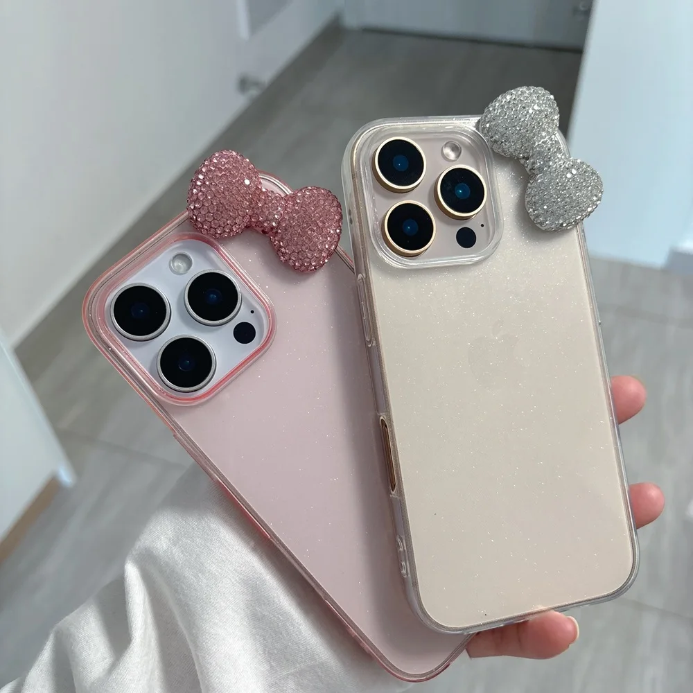 Custodia Per IPhone 16 Plus Con Fiocco Glitterato E Catena, Morbida Protezione Fotocamera, Design Estetico Luccicante Per Donne E Ragazze