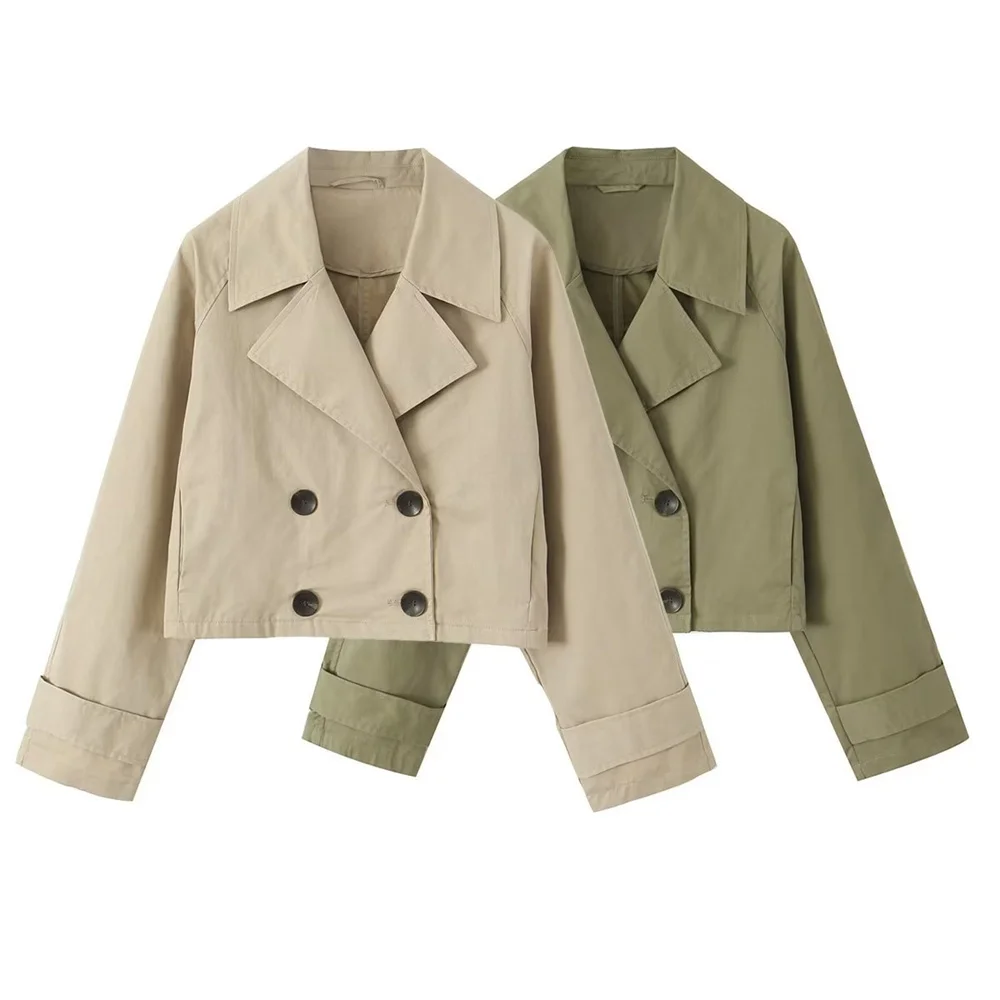 

Women Autumn Cropped Trench Solid Long Sleeve Turn-down Collar Double Breasted Short Jacket Lady High Street Khaki Outerwear