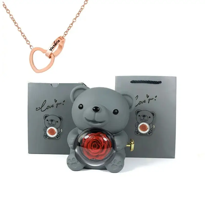 Eternal Rose Teddy Bear Jewelry Box with Custom Name Necklace Valentine Wedding Special Present for Girlfriend Anniversary gift - Image 15