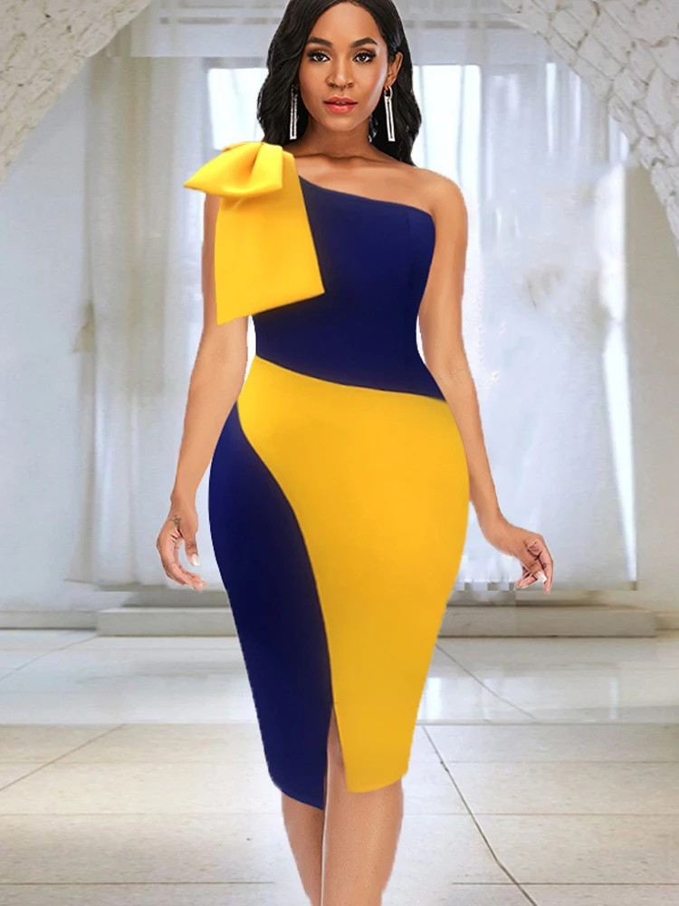 

Bodycon Dresses for Women One Shoulder Bowtie Sleeveless Patchwork Irregular Summer Sexy Party Birthday Event Outfits Large Size
