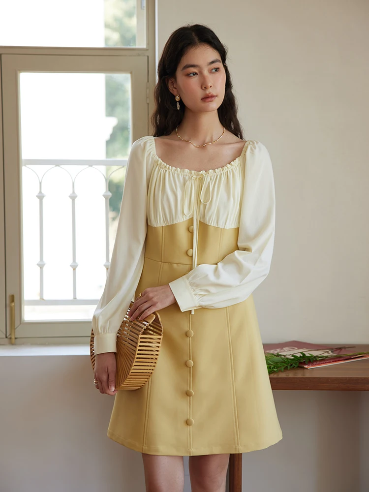 

DUSHU Black Yellow Women's Sweet French Waist Wrap Dress 2024 Spring New High Waist Slimming 24DS81193 A-line Dress