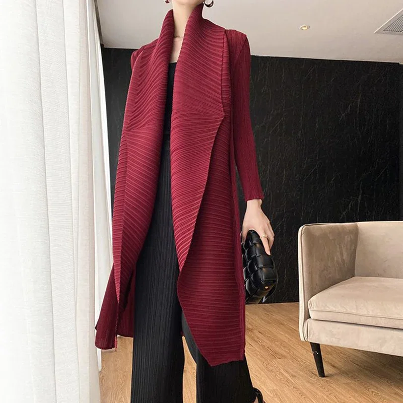 Pleated Coat 2023 New Polo Collar Long Sleeve Medium Length Windbreaker Loose Size  trench coat  jacket a line skirt polo collar solid high end temperament pleated design crease long skirt long sleeved wrinkles medium length skirt