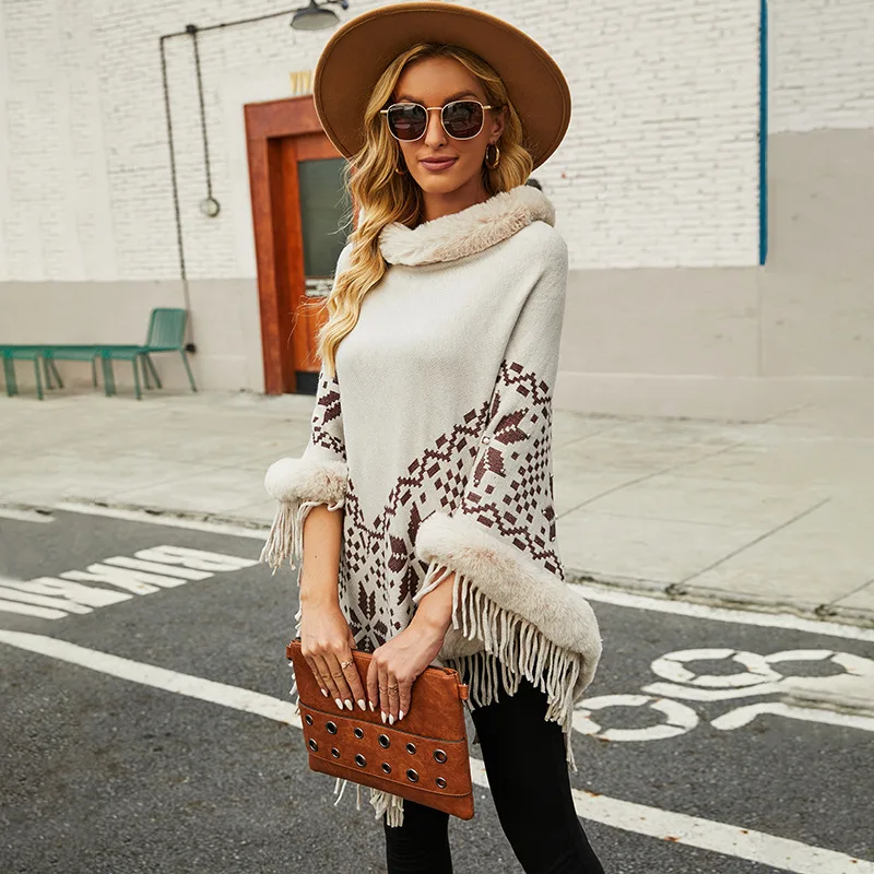 Fashion Fur Collar Knitted Cape Fringed Shawl Sweater Coat Womens Coats and Capes Autumn Winter 2023 New