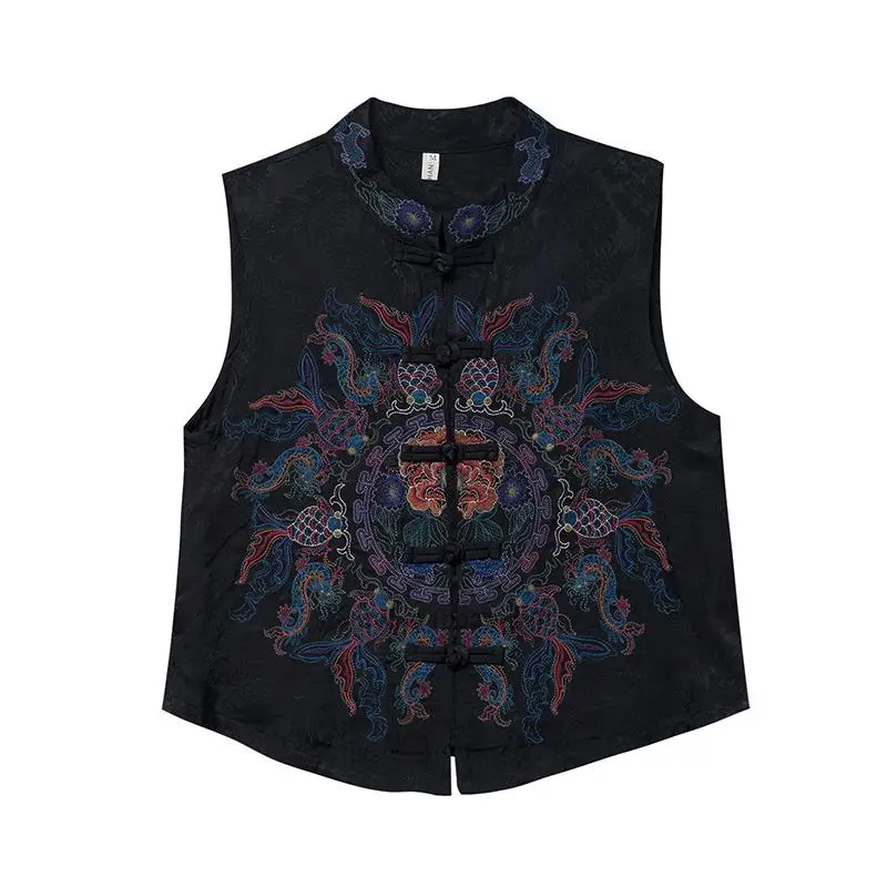 national harajuku gilet women flower embroidery chinese style tang suit vest traditional vintage wild casual waistcoat