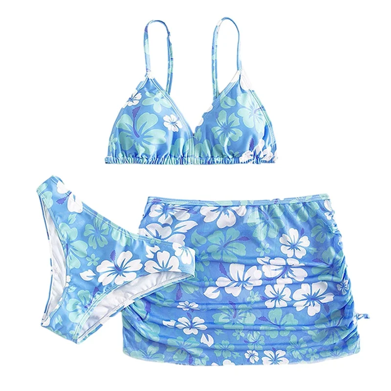 Kids Bikini swimsuit Halter Bra + Briefs + Drawstring Beach Skirt 3-piece Sets Surfing Diving Bathing Beach Suspender swimsuit