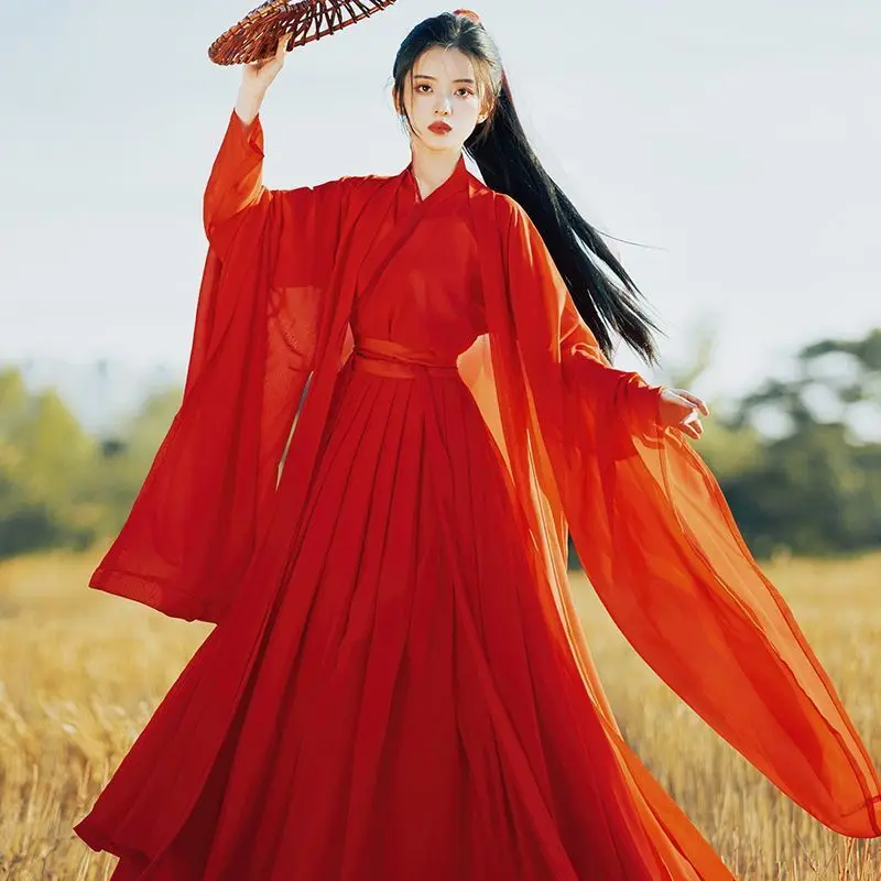 Large Size XL Hanfu Dress Women Chinese Ancient Traditional Hanfu Female Carnival Cosplay Costume Red&White Hanfu Dance Dress
