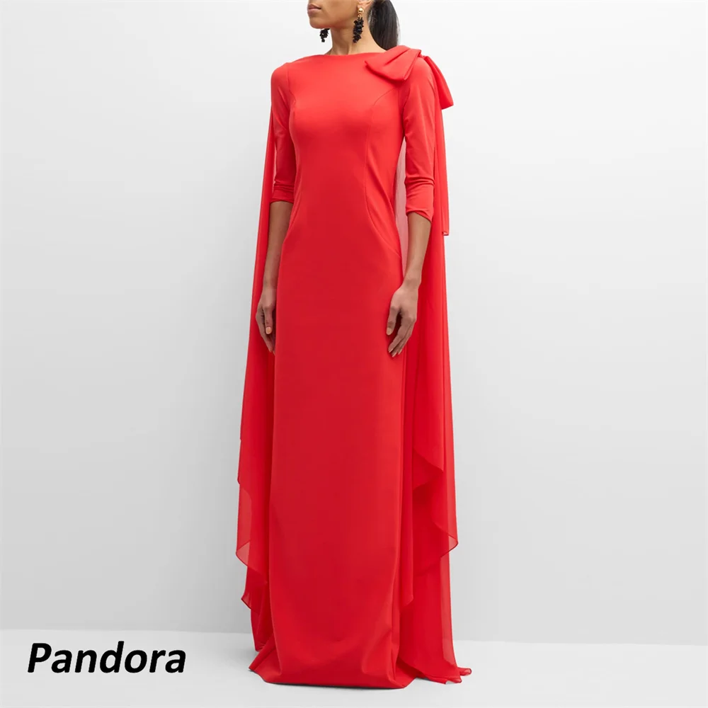 

Pandora Red O Neck Evening Gown with Cape Shawl Pleated Mermaid with Bow Women's wedding Banquet Party Dress