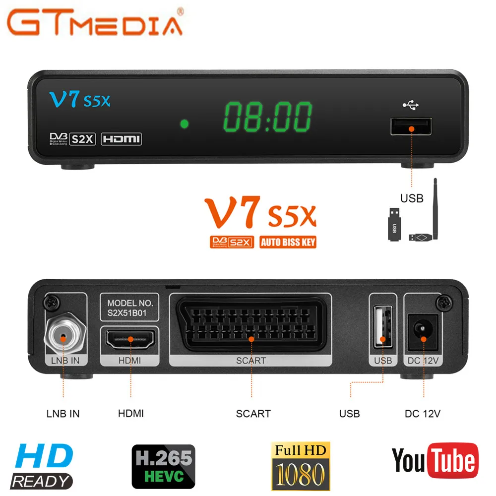 Gtmedia DVB-S2 V7S5X HD 1080P цифровой спутниковый ТВ-приемник H.265 Scart TV тюнер Поддержка Youtube