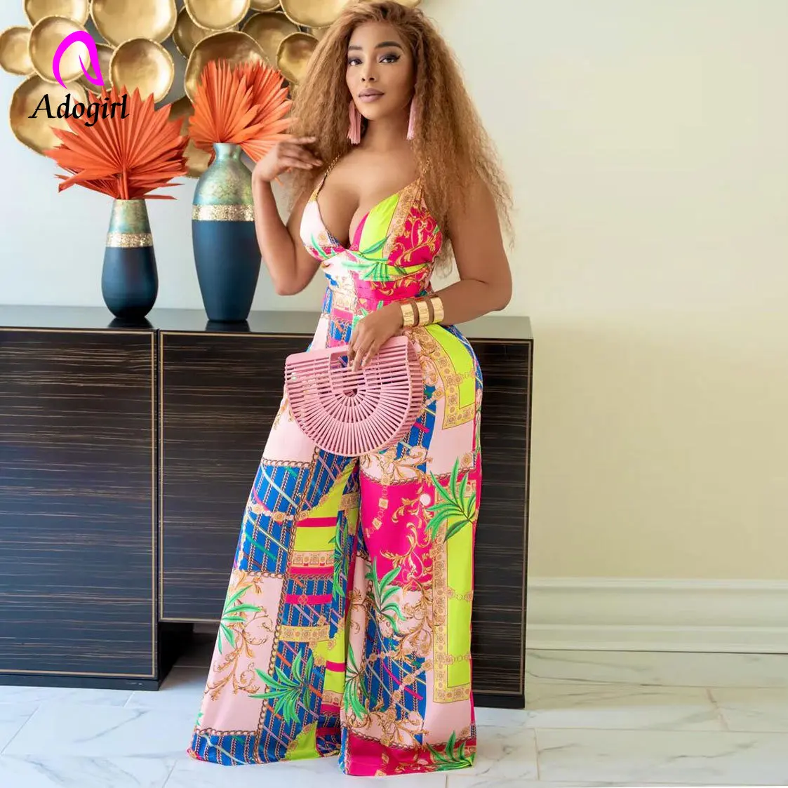 

Elegant Luxury Women Jumpsuits Floral One Piece Rompers 2023 Summer Sexy V Neck Bodycon Wide Leg Pant Jumpsuit Bodysuit Playsuit