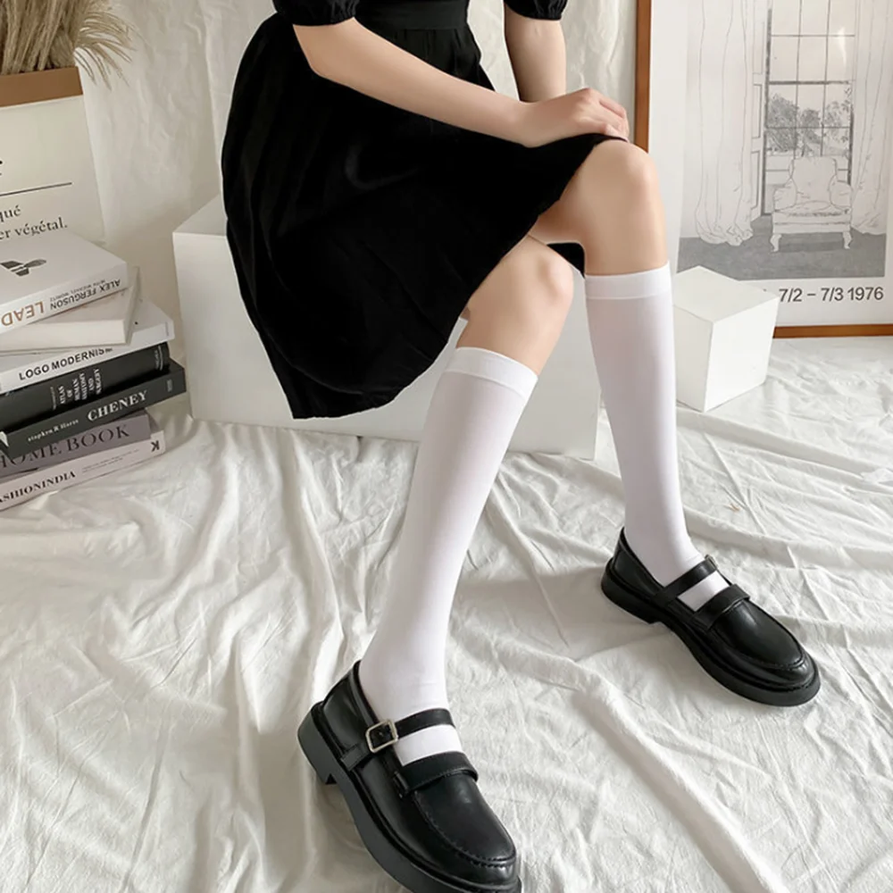 

2 Pairs Woman Socks Cute Black White Lolita Middle Tight Socks Solid Color Fashion Kawaii Cosplay Sexy Nylon Stockings