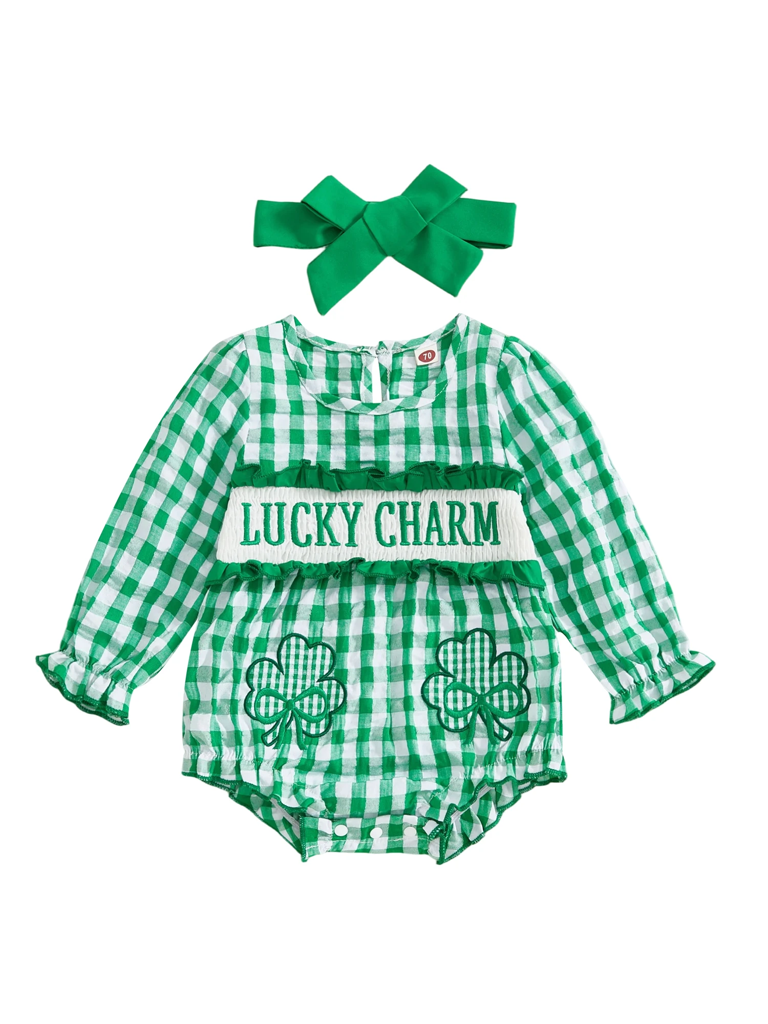 Stylish Baby Boy Green Plaid Romper Adorable Clover Embroidery Short Sleeve Smocked  with Matching Hat