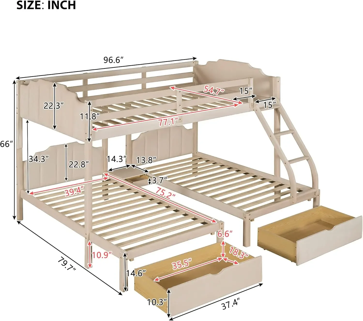 Full Over Twin & Twin Bunk Bed, Velvet Triple Bunk Bed with Drawers and Guardrails, Beige 2025 Christmas gifts 2