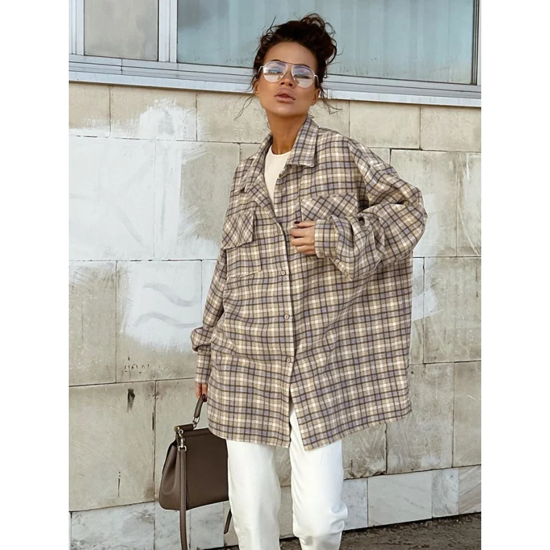 Khaki Plaid Retro Oversize Loose-Fitting Women's Shirt 2024 New Spring Commuter Top Female Fengsb