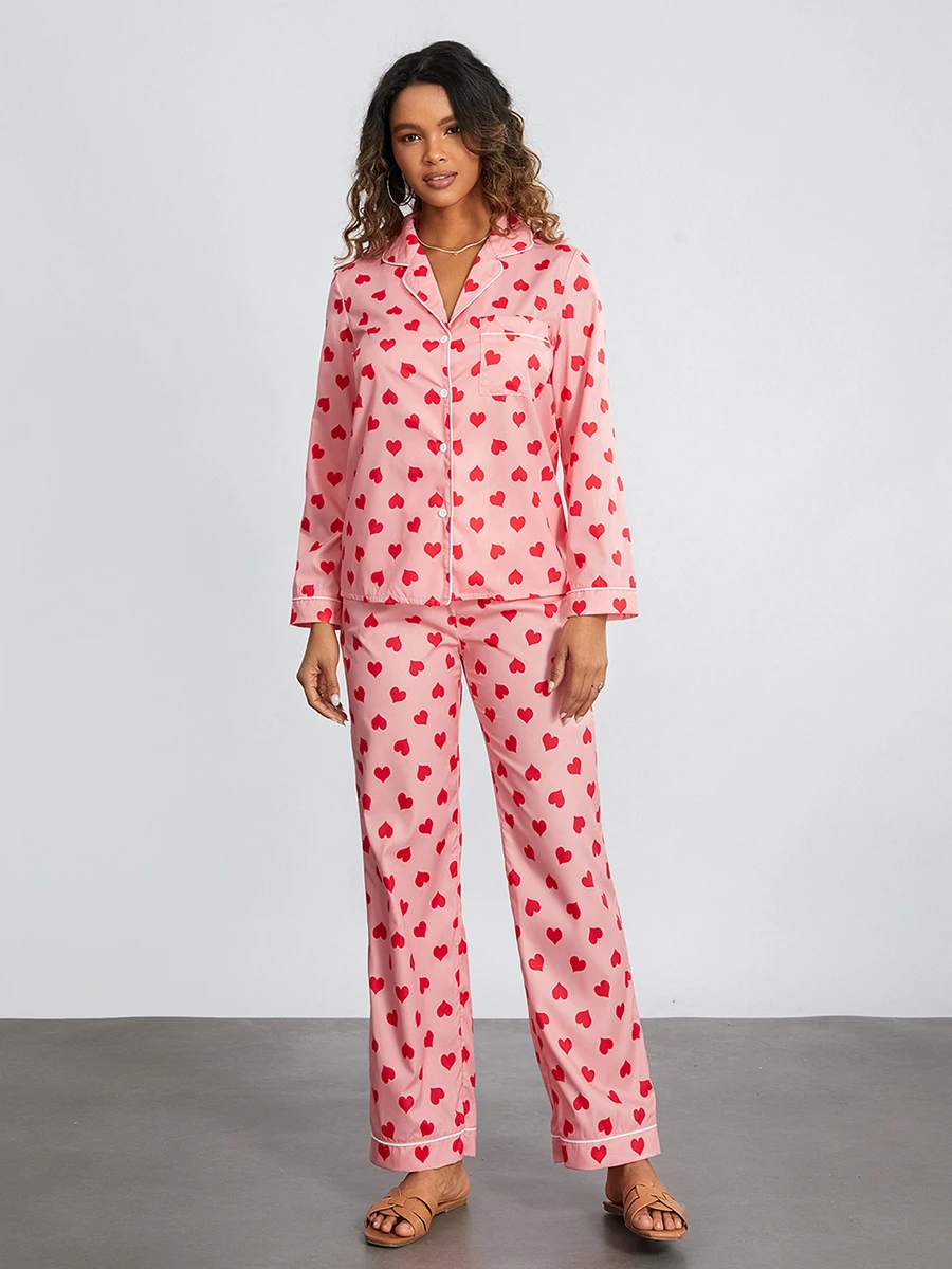 

Женские пижамные комплекты, хлопковый пижамный комплект с милым принтом в виде сердца, топы с длинным рукавом и застежкой на пуговицах и штаны, одежда для сна, одежда для отдыха