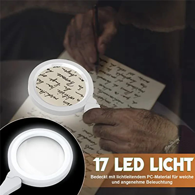 슈퍼 핫 확대경, 17개의 LED 조명, 3배 6배 독서 확대경(화이트)