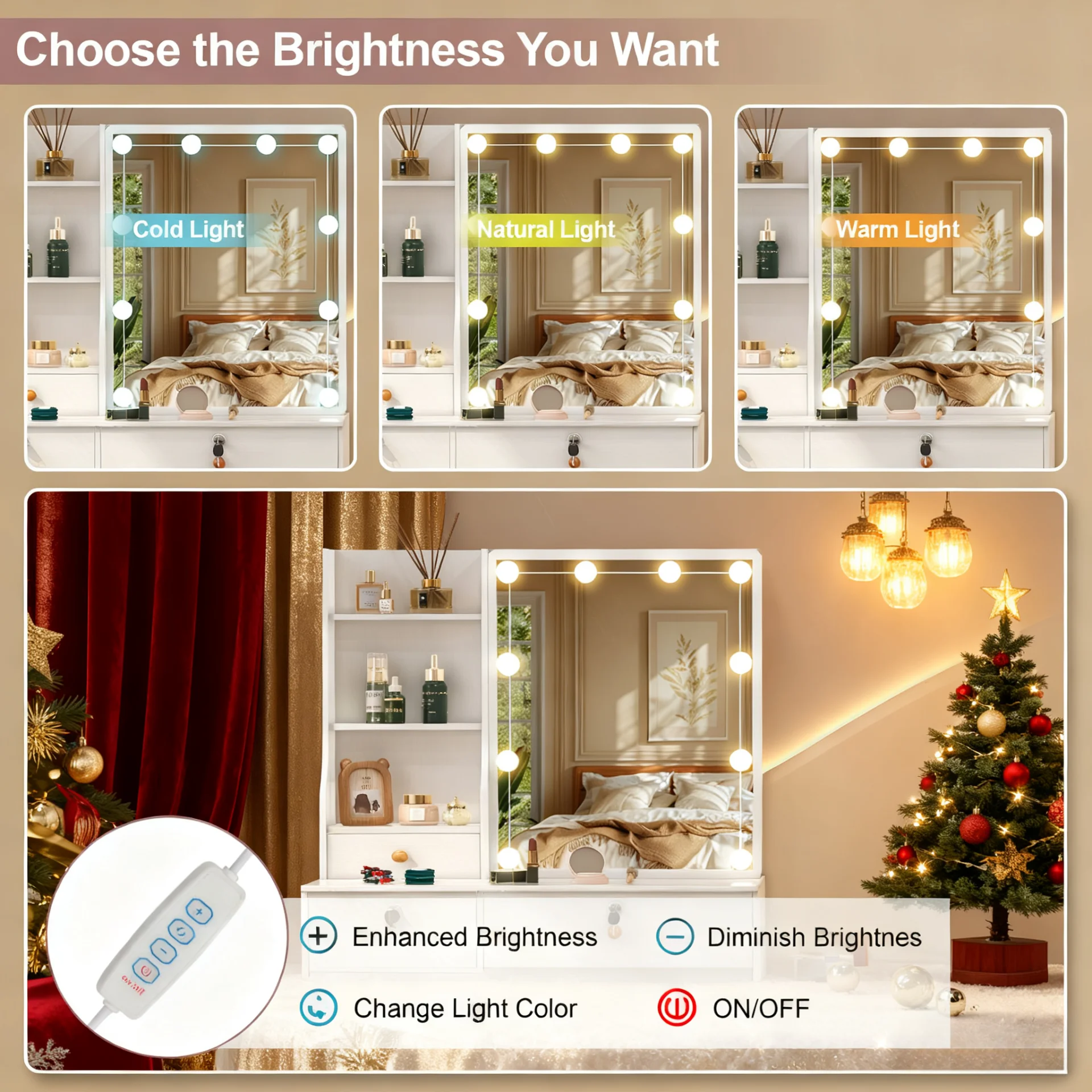 Teousev 10 LED Lighted Vanity Set with Mirror & Stool, 3 Color Modes, 7 Drawers Storage, Easy Install Makeup Dressing Table - 2