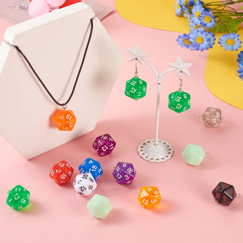 26pcs Resin Polyhedral Dice Pendants 20 Sided Dice Charm with Iron Loops for Jewelry Making DIY Bracelet Necklace Findings