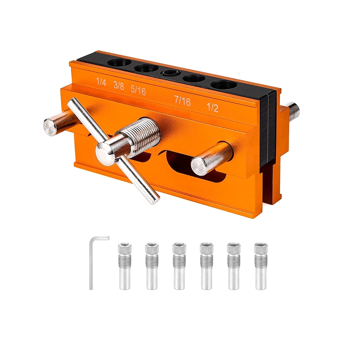 

Self Centering Doweling Jig, for Straight Holes, Adjustable Width Woodworking Locator Set with 6 Drill Guide Bushings