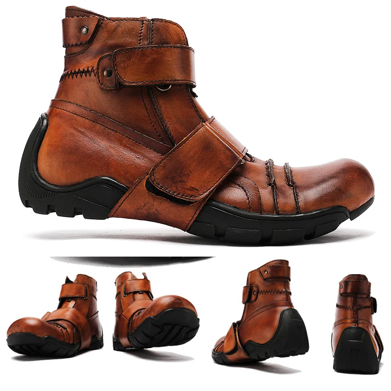 2023 Genuine Leather Motorcycle Boots Riding Punk Ankle Boots Male Shoes Winter Warm Boots Fashion Western Cowboy Boots Botas