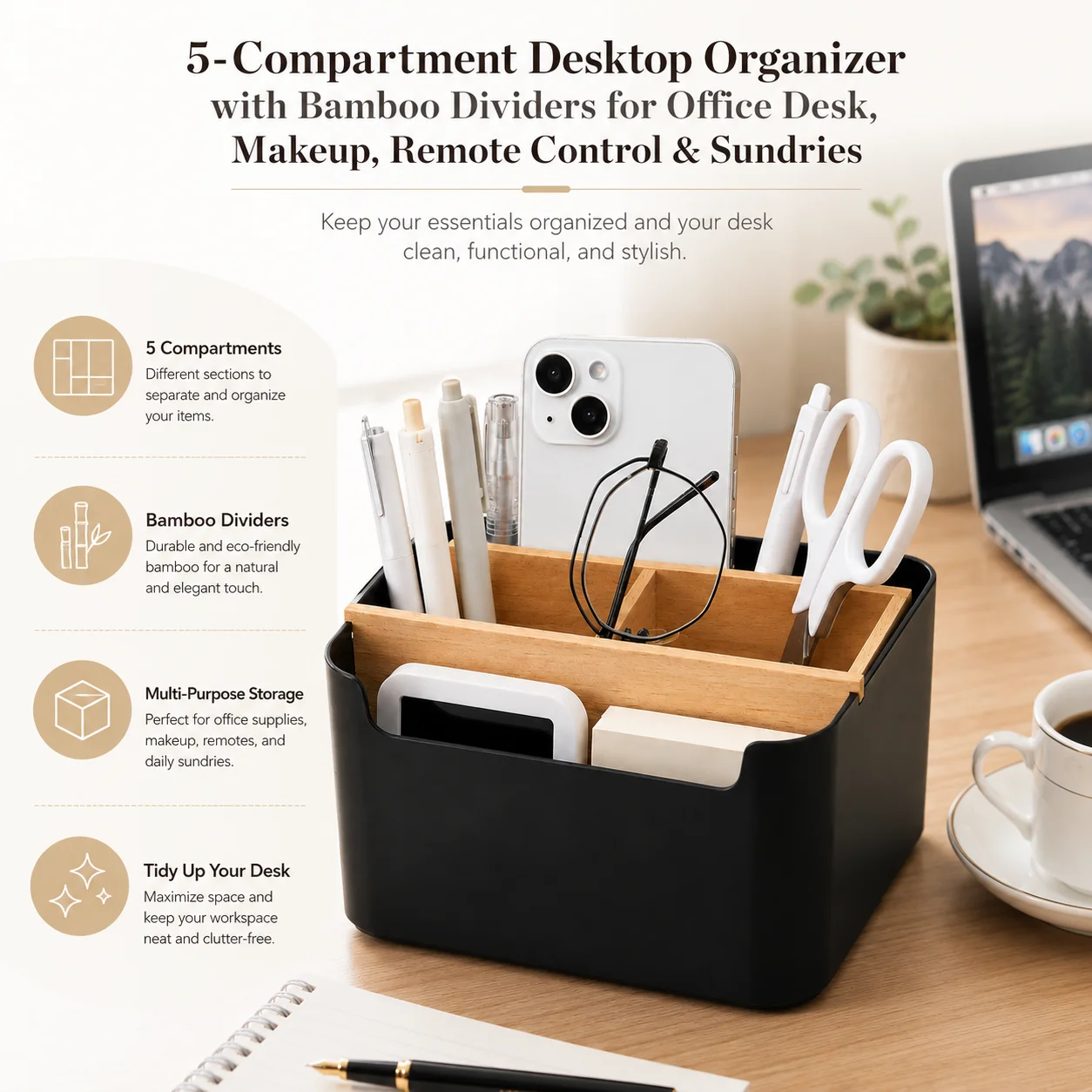 Elegant Wooden Desk Organizer: Pen & Pencil Holder and Multifunctional Storage Box