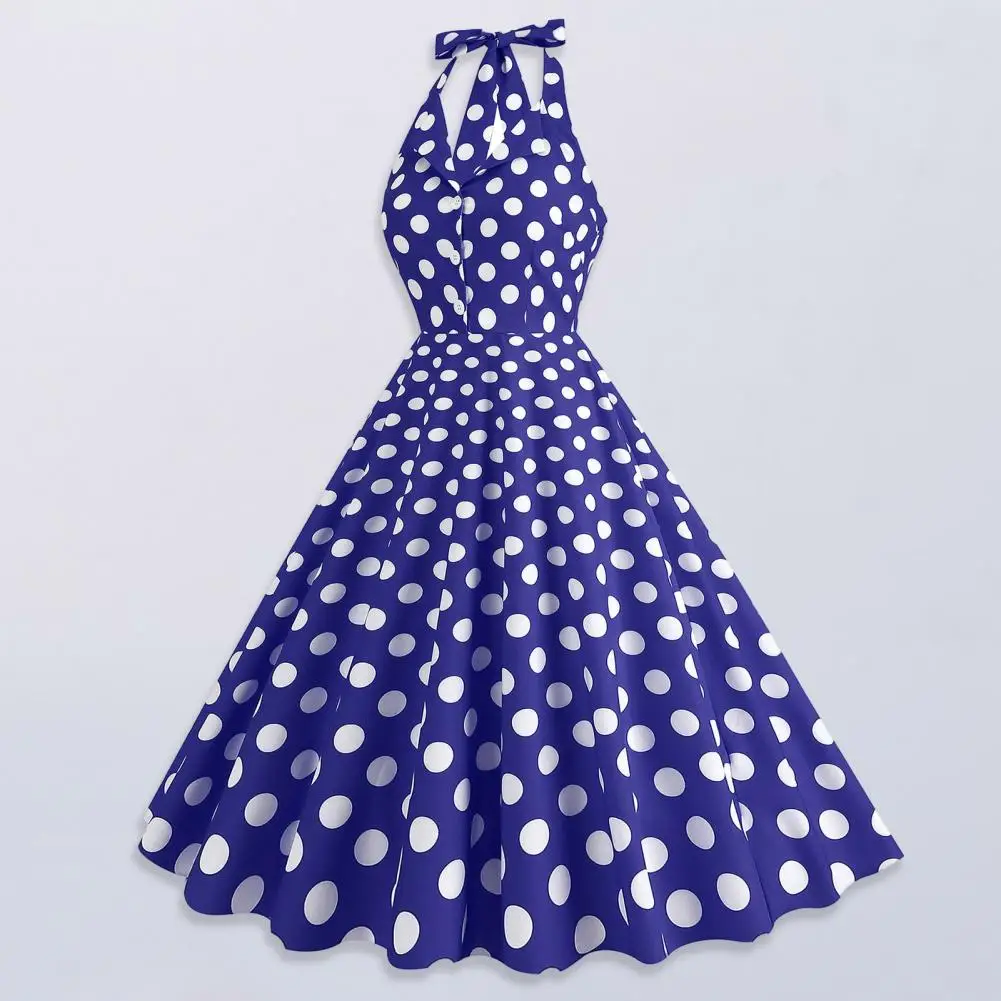 

Dot Print Dress Elegant Retro Dot Print A-line Evening Dress with Lace Up Backless Halter Neck High Waist Button for Women's