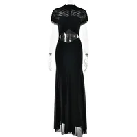 New Ruched Irregular Mesh Dress Women Patchwork High Neck Short Sleeve Hollow Out Long Dresses Female Party Maxi Dresses Outfits - Image 6