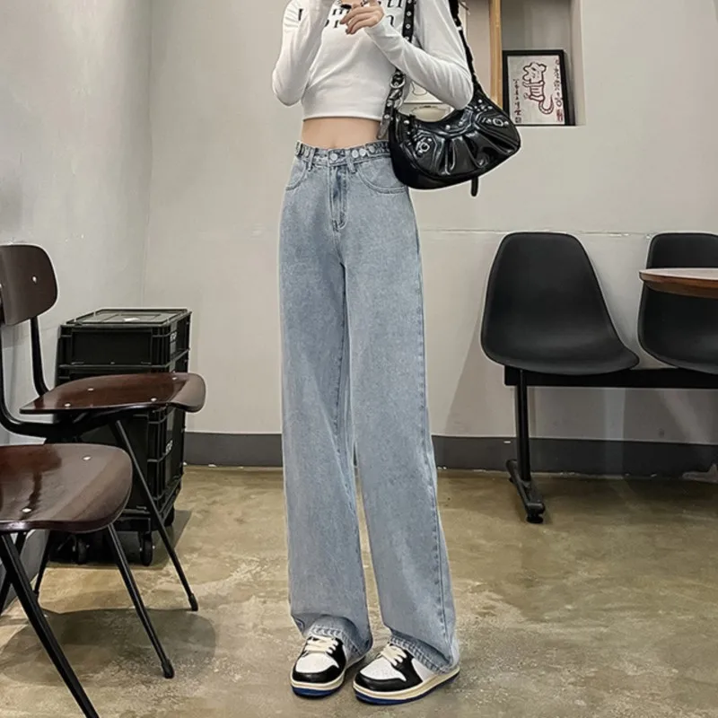 여성용 데님 청바지 디자인 와이드 레그, 느슨한 스트레이트 허리 조절 가능, 단추 패션 브랜드, 신상품 바지
