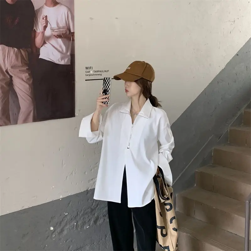 2024 Herbst Streetwear Langarm weißes Hemd und Bluse Frauen minimalist ischen Reiß verschluss übergroße Damen hemden weibliche Kleidung y2k Top – Detail 9