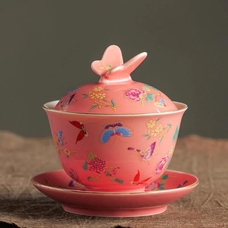 Glazed Enamel Butterfly Lid Sancai Gaiwan Tea Tureen Kungfu Tea Cup Infuser Bowl Set Kitchen Teaware