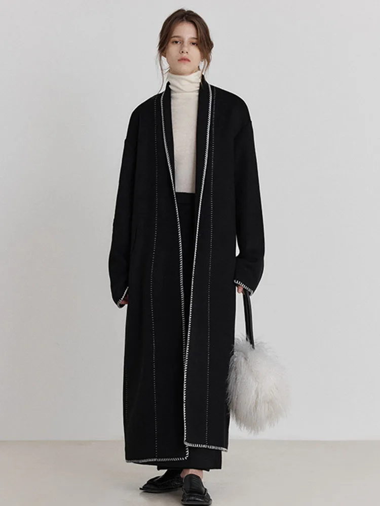 

DEAT Fashion Women's 40% Wool Coat Collarless Long Sleeve Overknee Contrasting Color Cardigan Overcoat Spring 2024 New 7AB3372