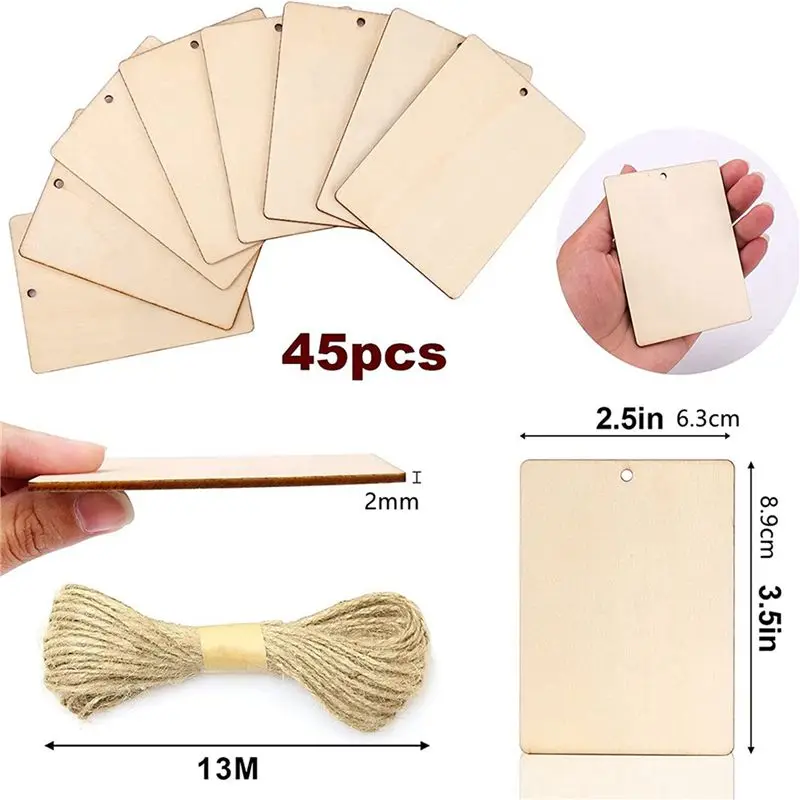 ABAH-90Pcs 빈 나무 태그, 구멍이 있는 공예품용 3.5 X 2.5인치 및 42.65 Ft 끈, 크리스마스 선물 태그용