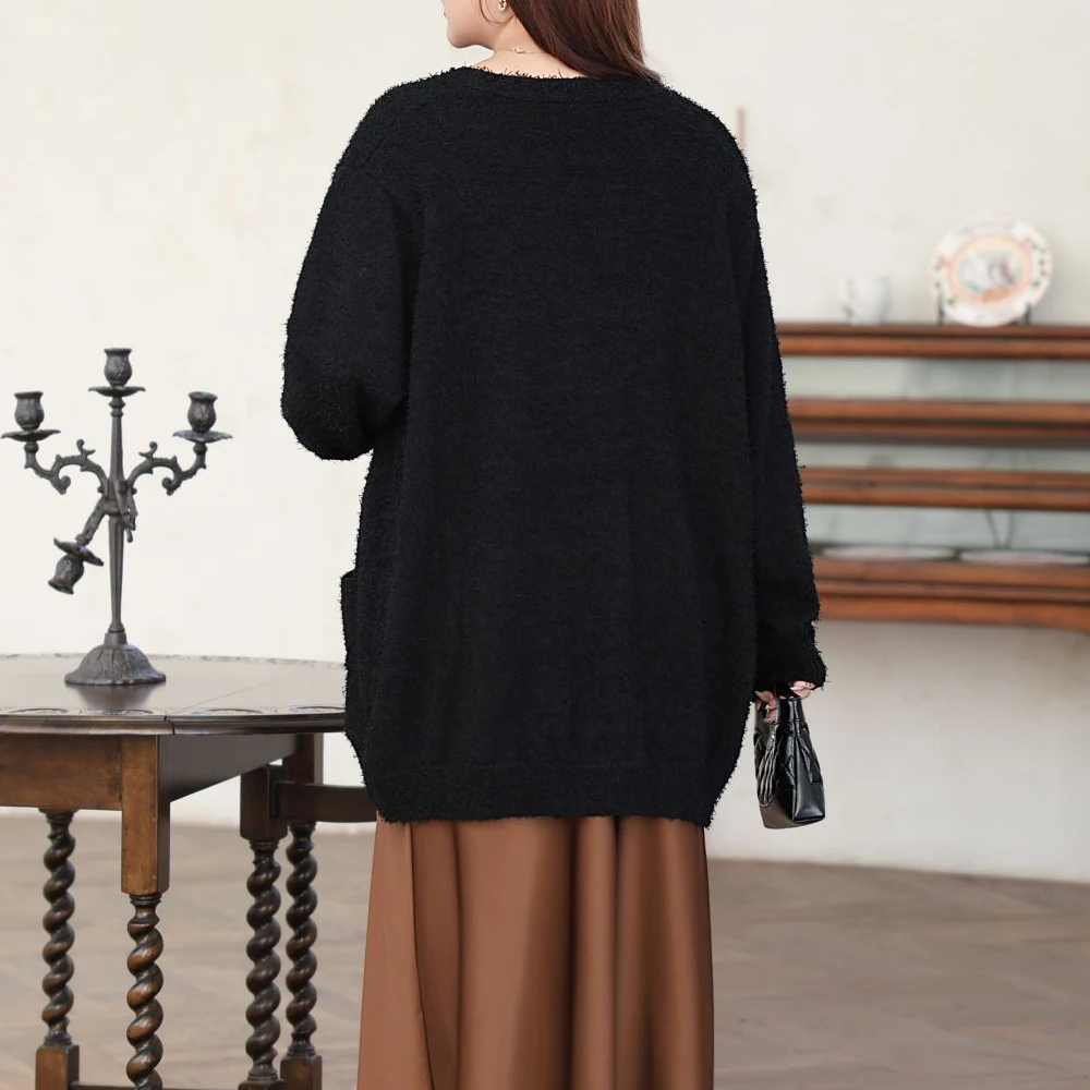 Plus Size Women's Cardigan Premium Plush Waxy Long Knit Sweater Coat Loose French Autumn Winter 2025